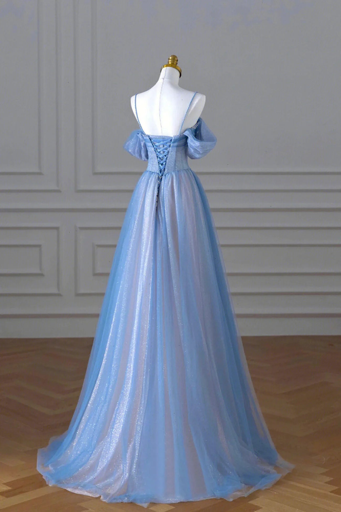 Blue Tulle Long Prom Dress, Off the Shoulder Evening Party Dress with Beaded