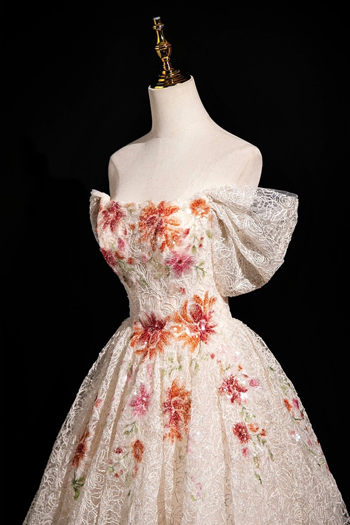 Champagne Lace Sequins Long Prom Dress, Beautiful Off the Shoulder Party Dress