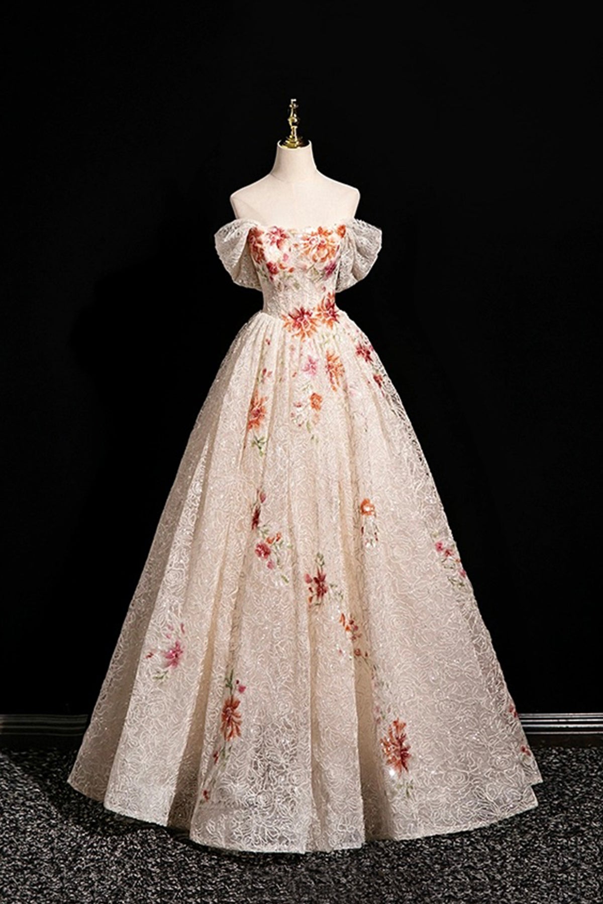 Champagne Lace Sequins Long Prom Dress, Beautiful Off the Shoulder Party Dress