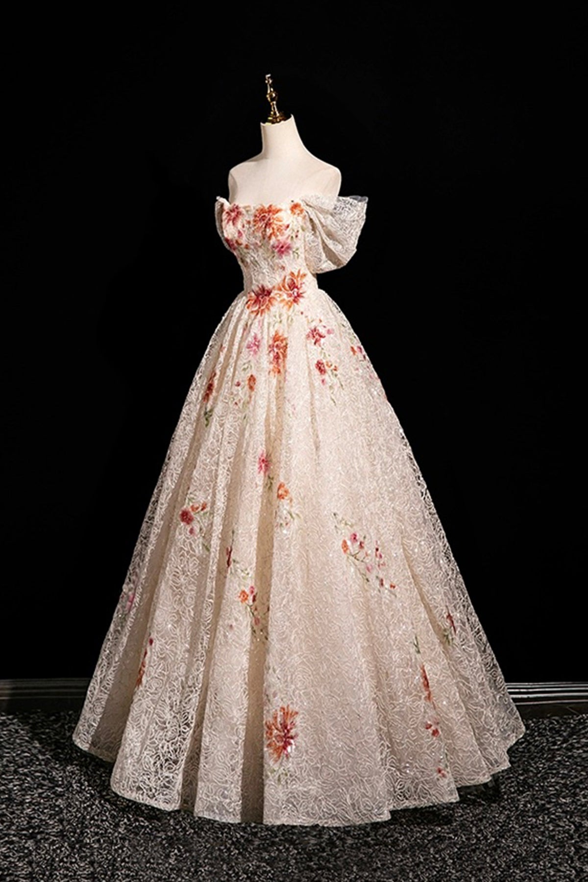 Champagne Lace Sequins Long Prom Dress, Beautiful Off the Shoulder Party Dress