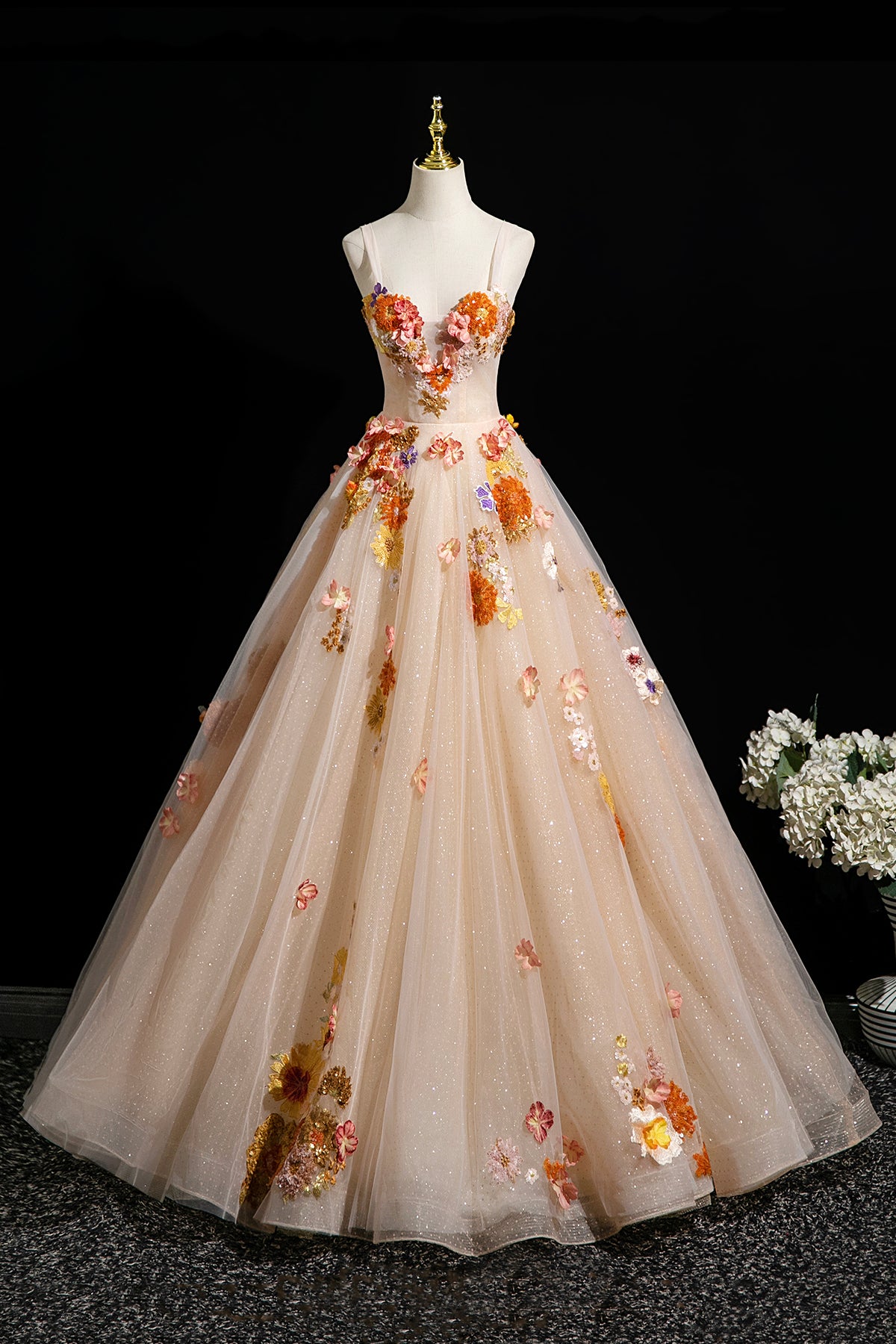 Champagne Tulle Sequins Long Prom Dress, Lovely A-Line Evening Party Dress
