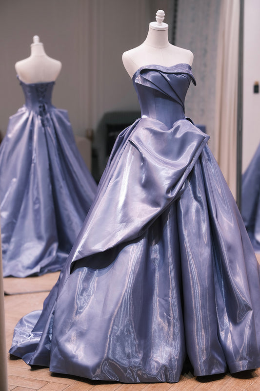 Blue Satin Strapless Long Prom Dress, Elegant A-Line Evening Party Dress
