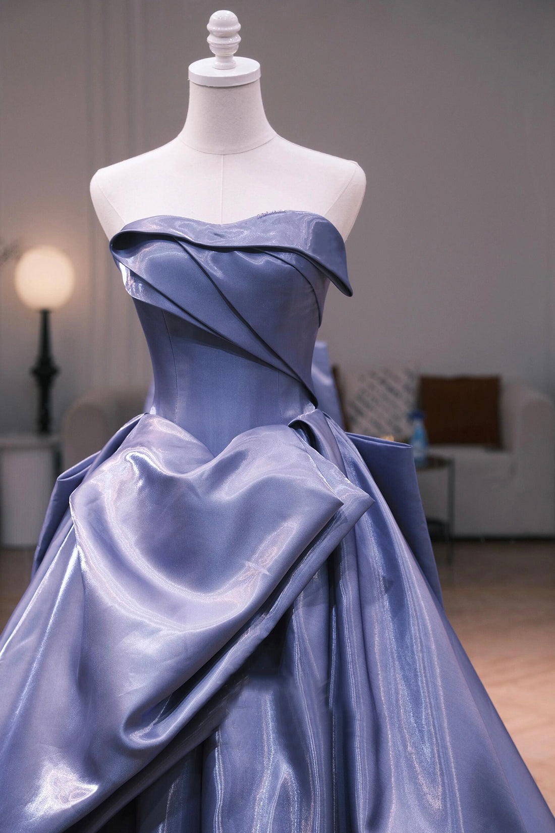 Blue Satin Strapless Long Prom Dress, Elegant A-Line Evening Party Dress
