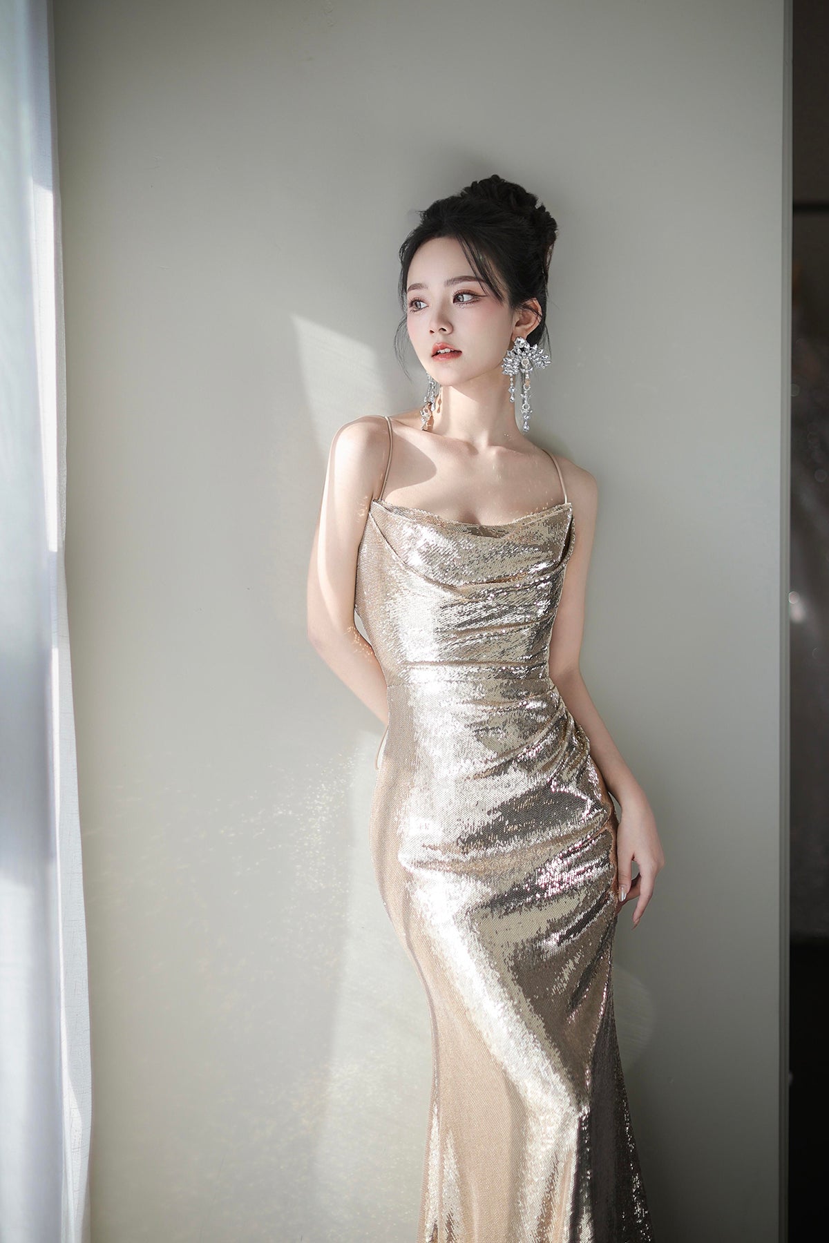 Mermaid Sequins Long Prom Dress, Champagne Backless Evening Dress