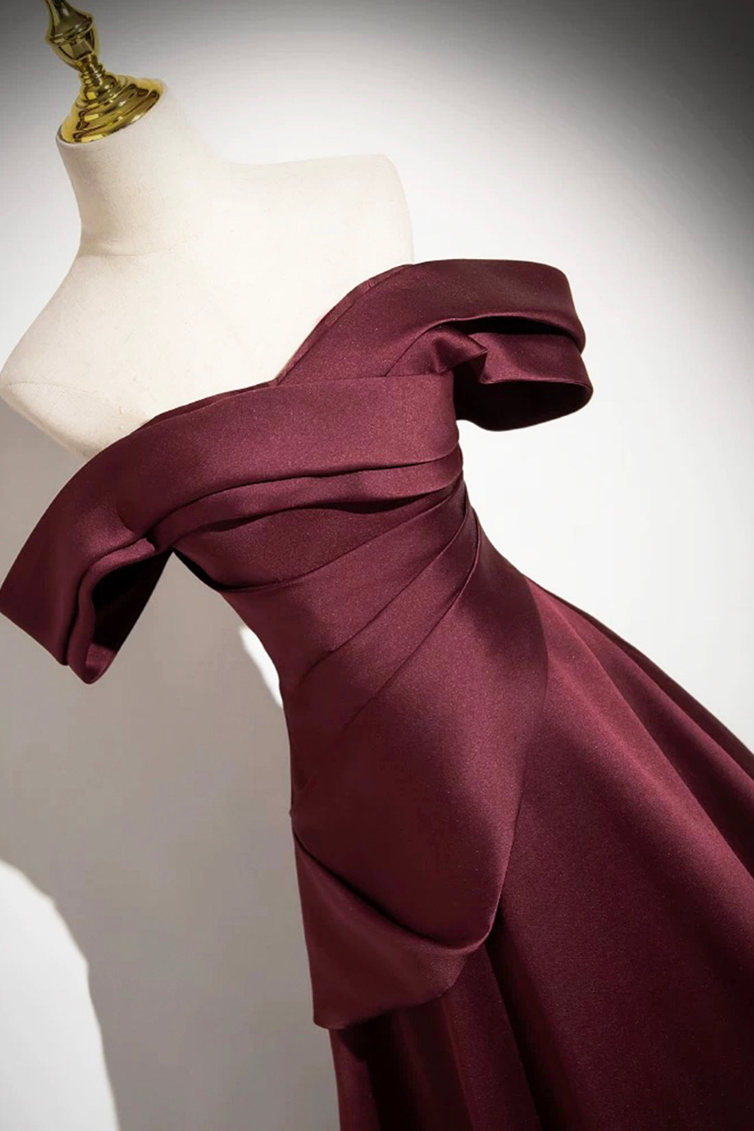 Burgundy Satin Long Prom Dress, Burgundy Off the Shoulder Evening Party Dress