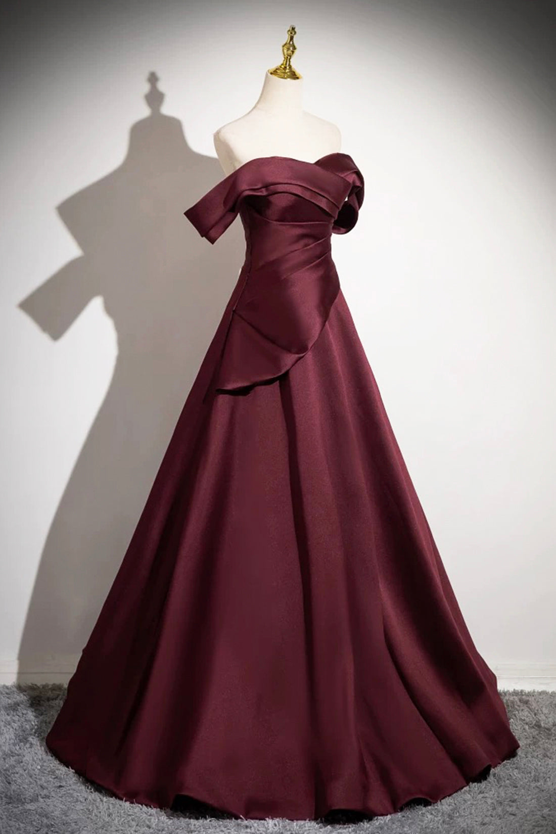 Burgundy Satin Long Prom Dress, Burgundy Off the Shoulder Evening Party Dress