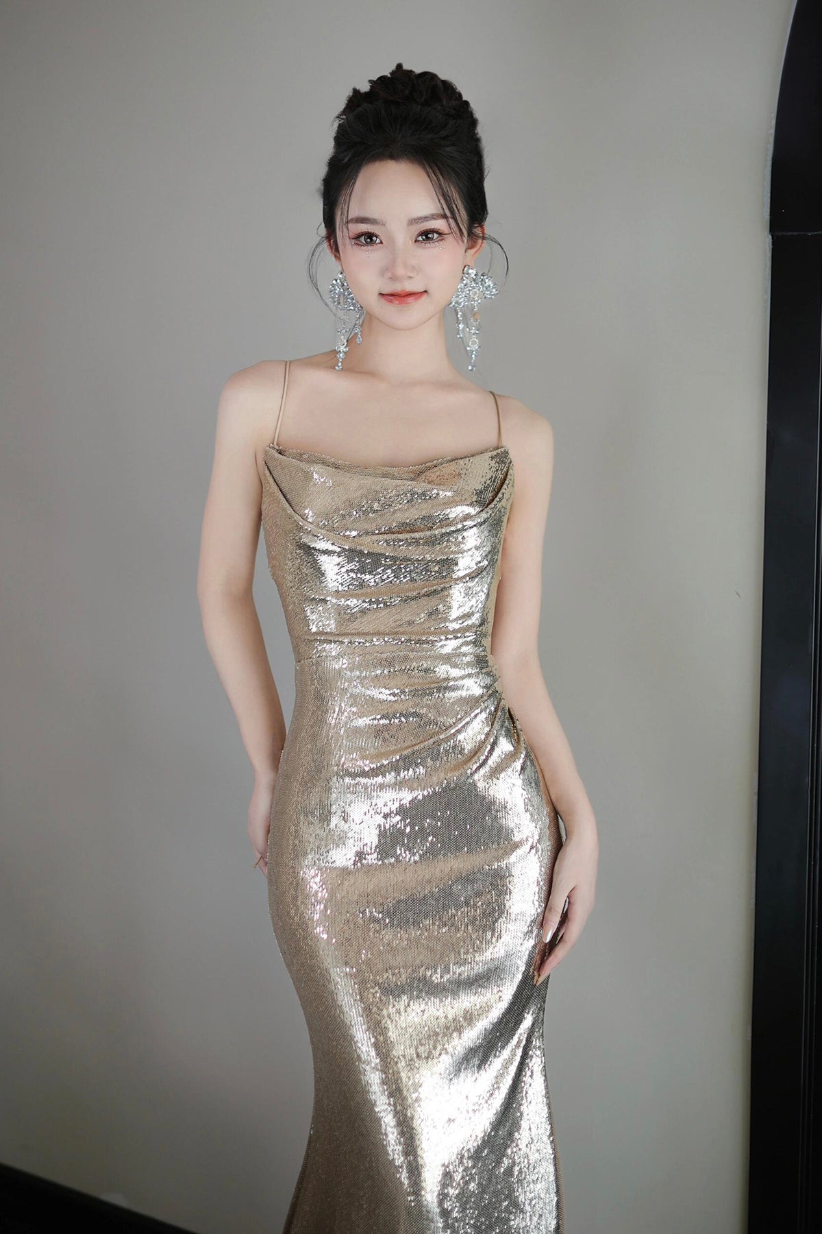 Mermaid Sequins Long Prom Dress, Champagne Backless Evening Dress
