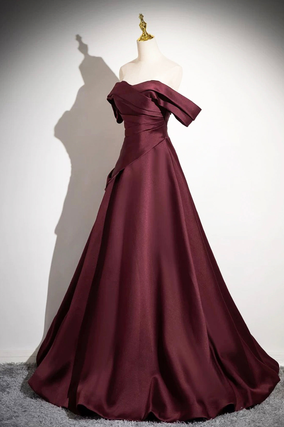 Burgundy Satin Long Prom Dress, Burgundy Off the Shoulder Evening Party Dress