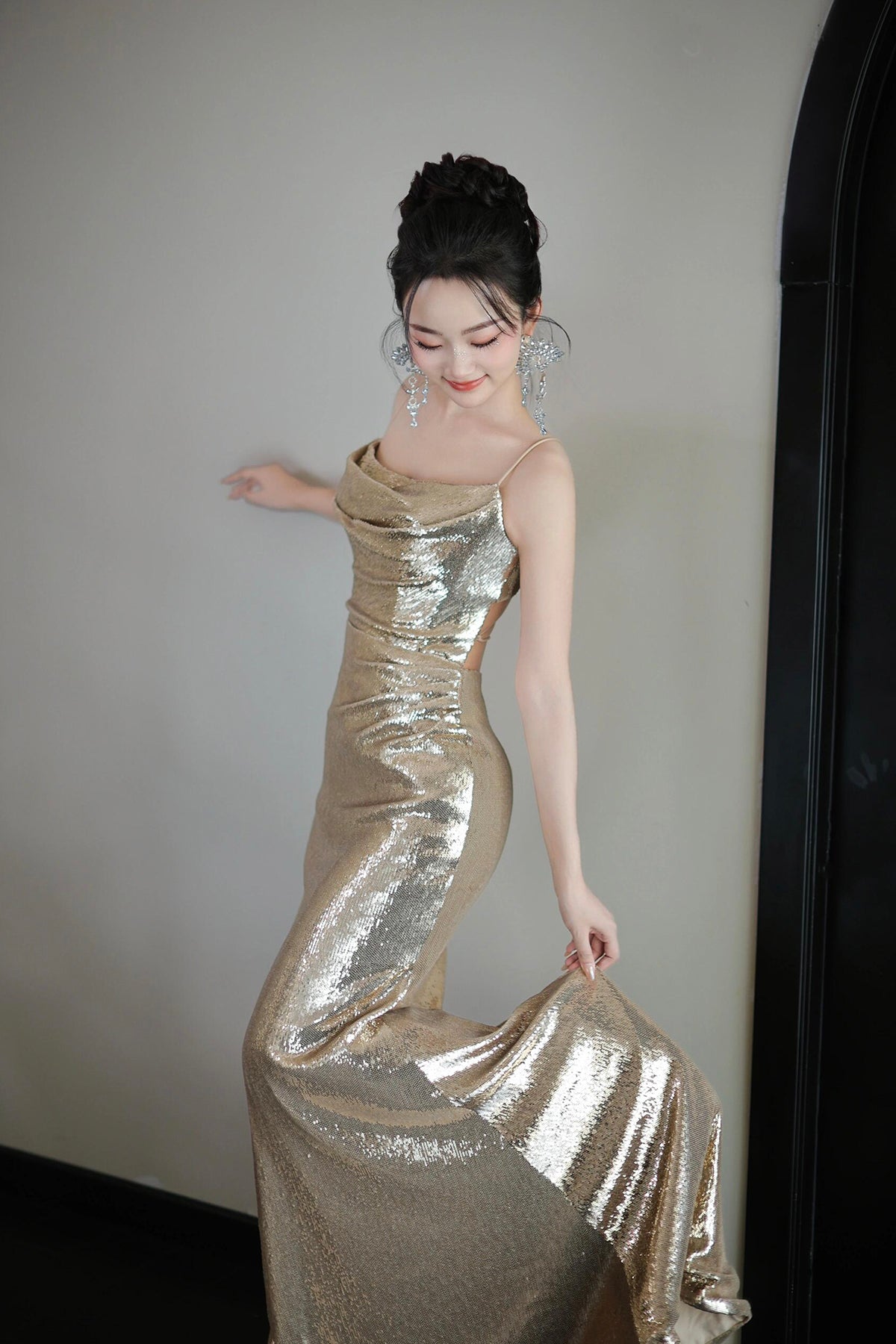 Mermaid Sequins Long Prom Dress, Champagne Backless Evening Dress