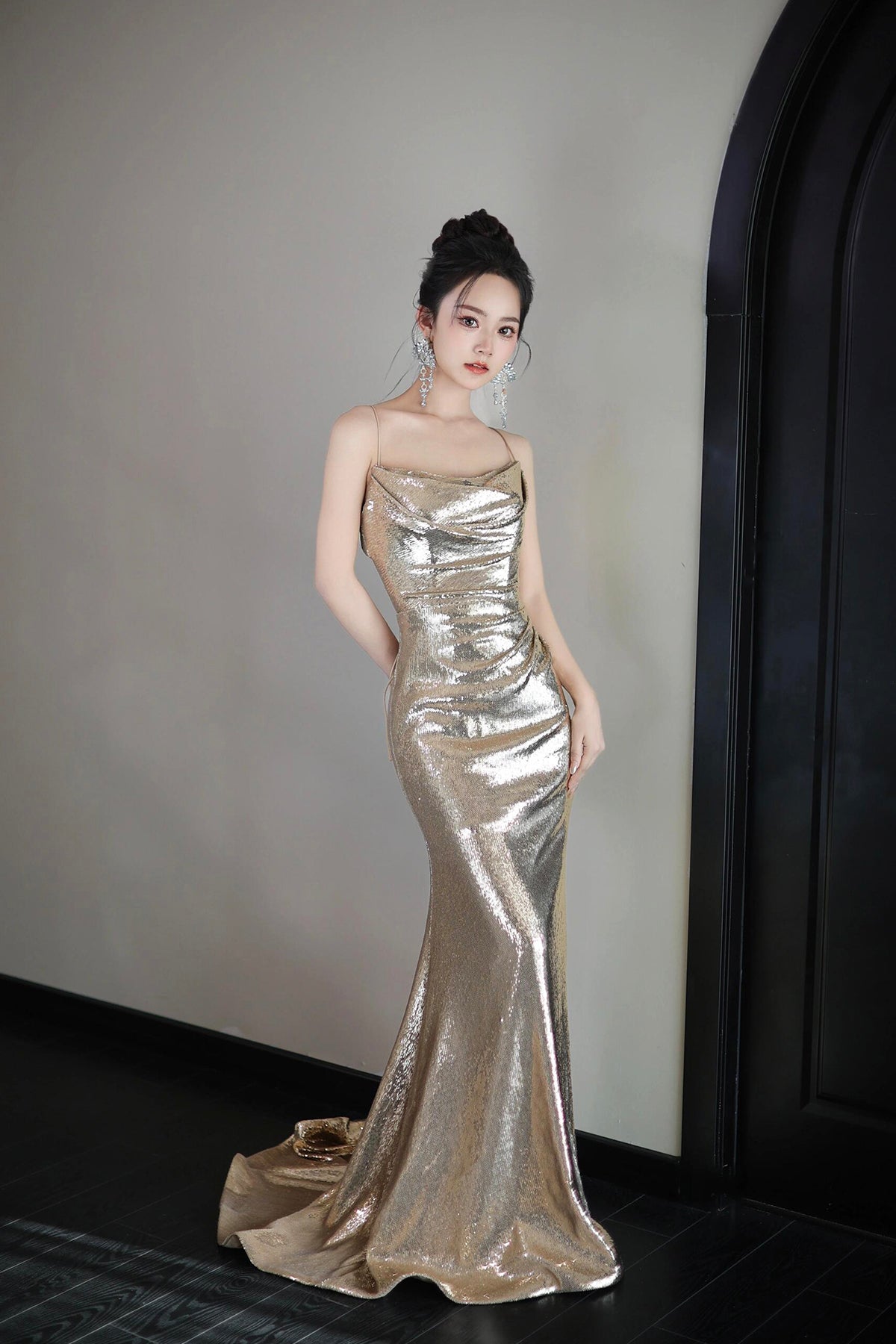 Mermaid Sequins Long Prom Dress, Champagne Backless Evening Dress