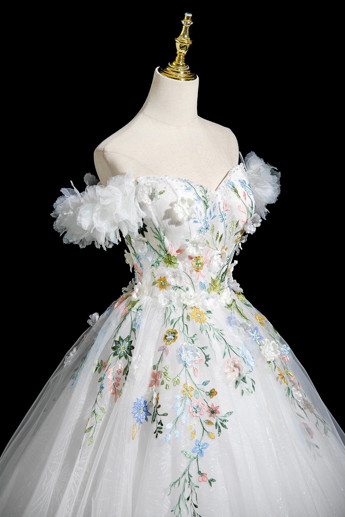 White Floral Long Party Dress, Beautiful A-Line Off the Shoulder Evening Prom Dress