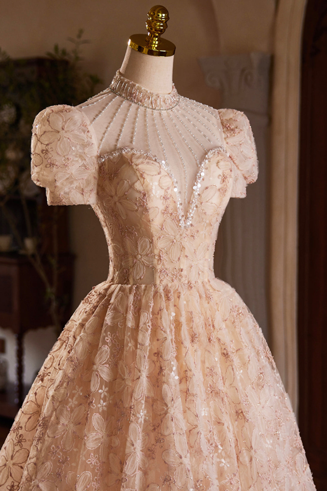 A-Line Short Sleeve Evening Dress, Lovely Tea Length Floral Formal Party Dress