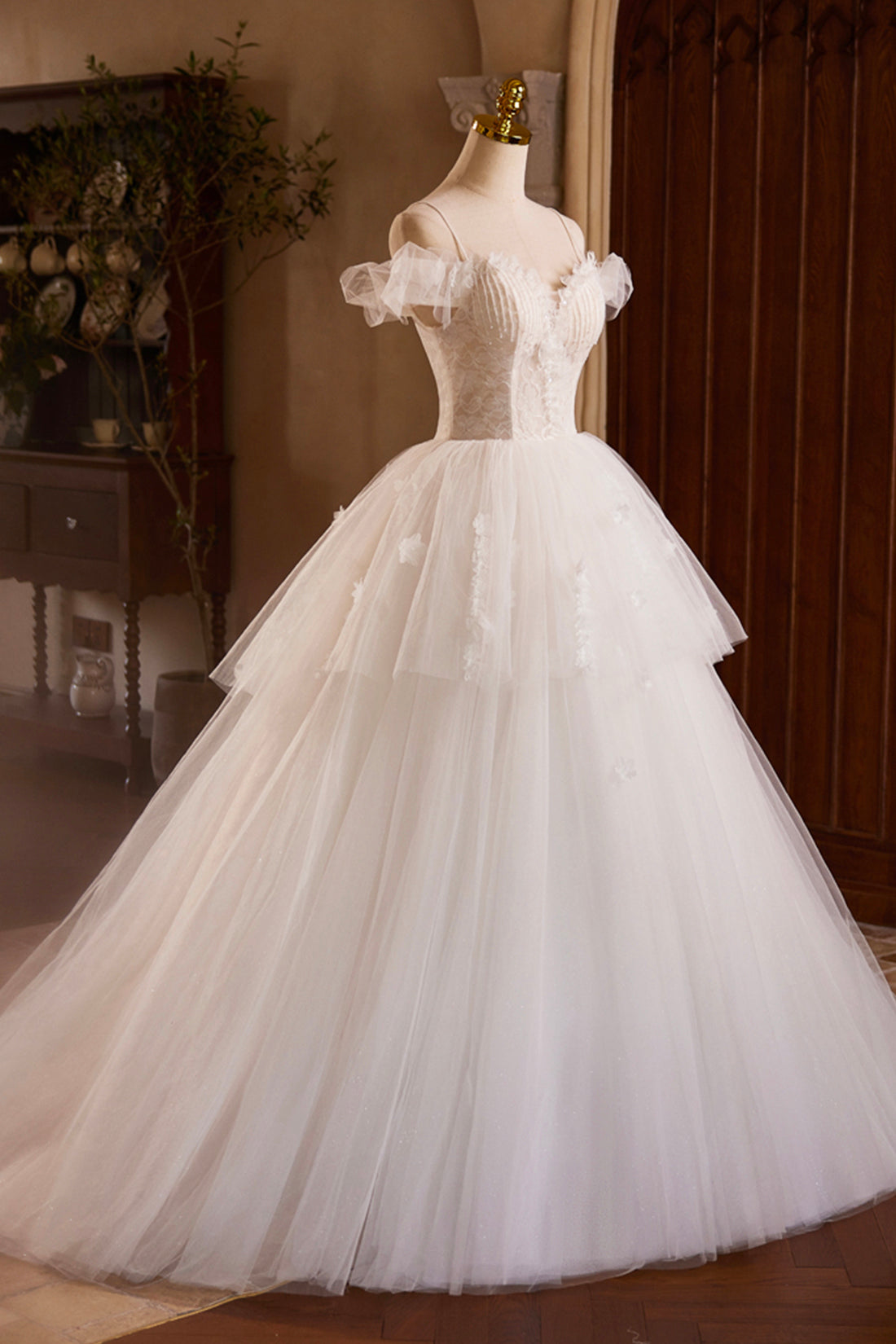 A-Line Spaghetti Strap Lace Beaded Party Dress, Ivory Floor Length Formal Prom Dress