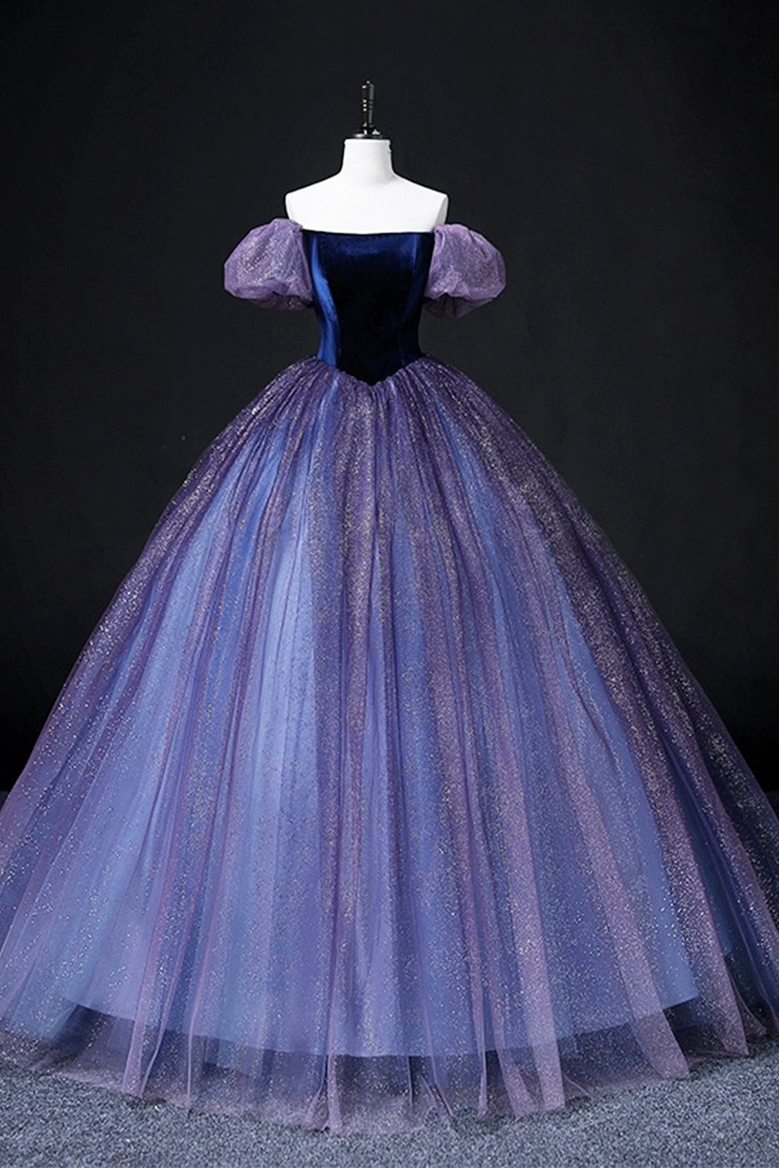 Off the Shoulder Velvet and Tulle Long Ball Gown, Purple A-Line Formal Evening Dress