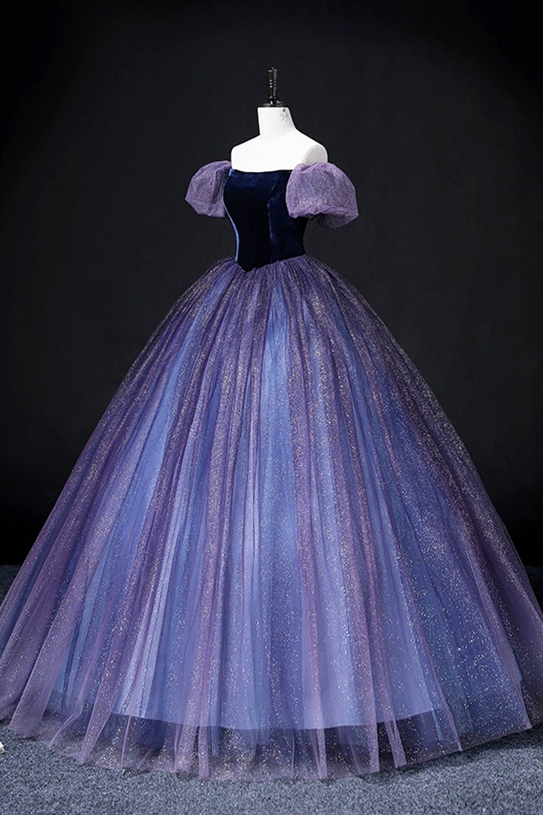 Off the Shoulder Velvet and Tulle Long Ball Gown, Purple A-Line Formal Evening Dress