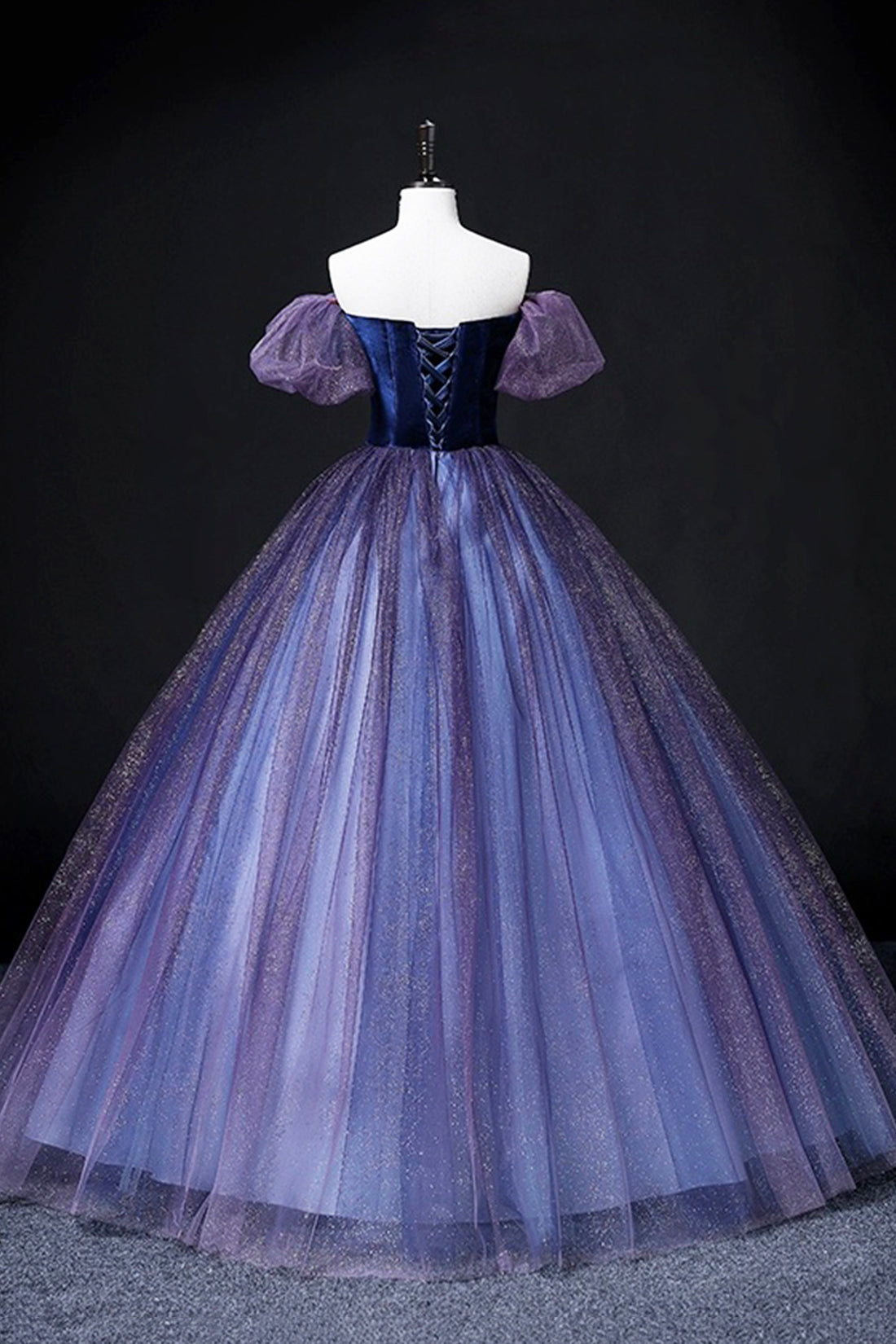 Off the Shoulder Velvet and Tulle Long Ball Gown, Purple A-Line Formal Evening Dress