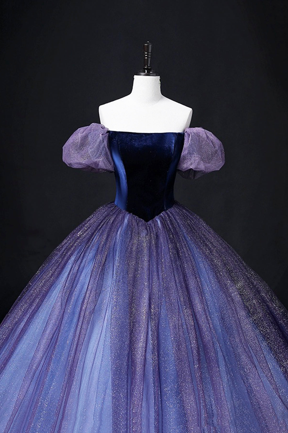 Off the Shoulder Velvet and Tulle Long Ball Gown, Purple A-Line Formal Evening Dress