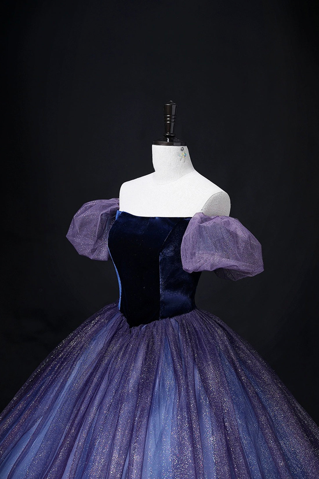 Off the Shoulder Velvet and Tulle Long Ball Gown, Purple A-Line Formal Evening Dress