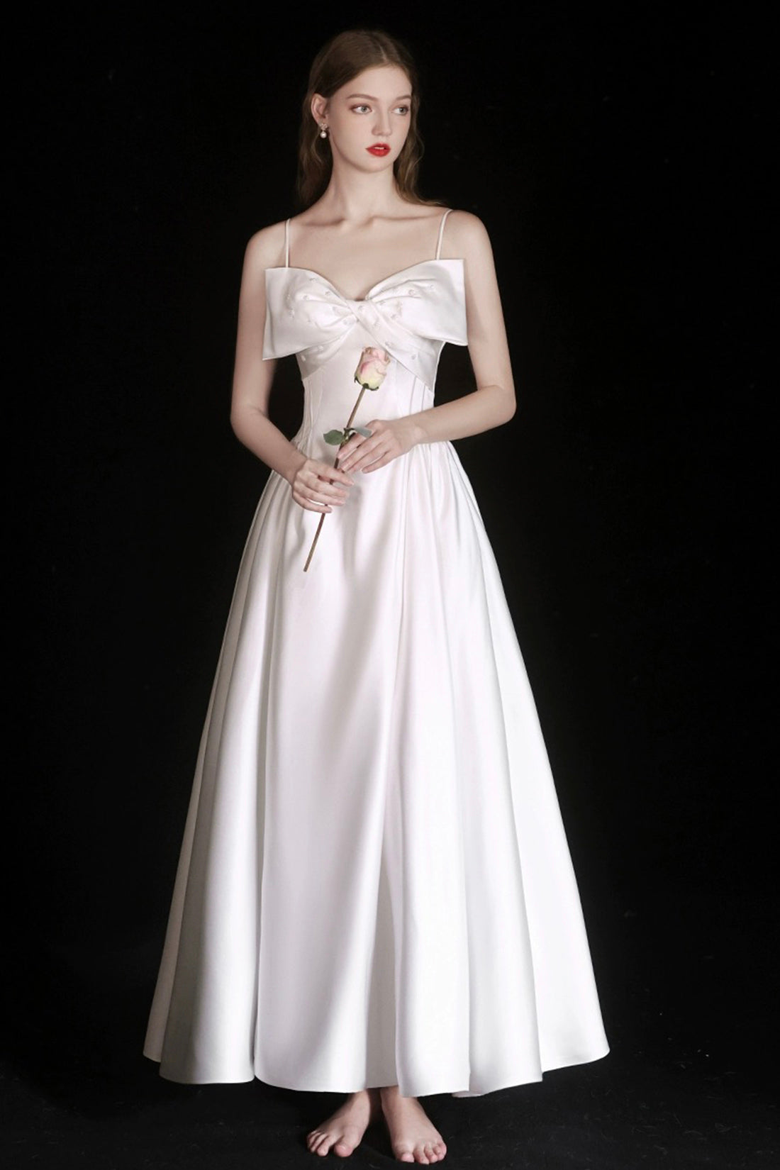 White Satin Tea Length Prom Dress, Lovely Spaghetti Strap A-Line Evening Party Dress