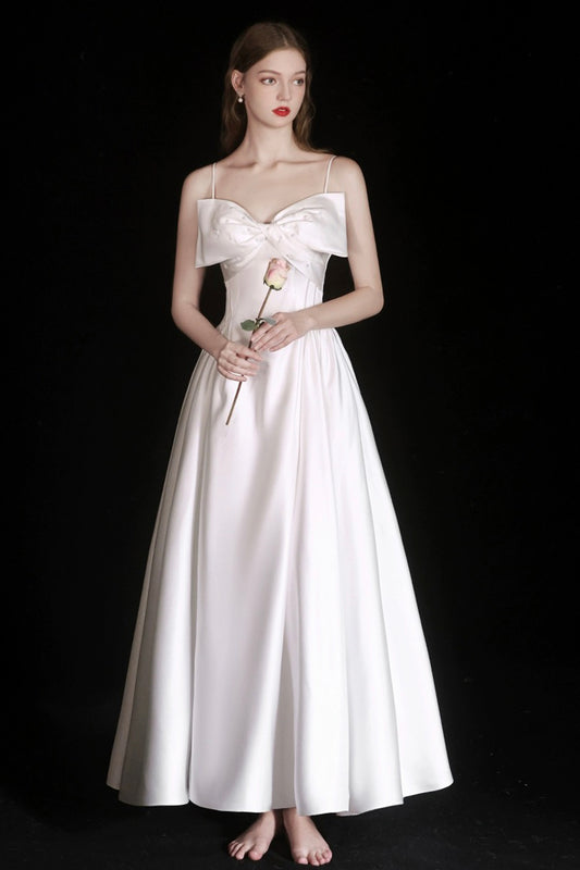 White Satin Tea Length Prom Dress, Lovely Spaghetti Strap A-Line Evening Party Dress