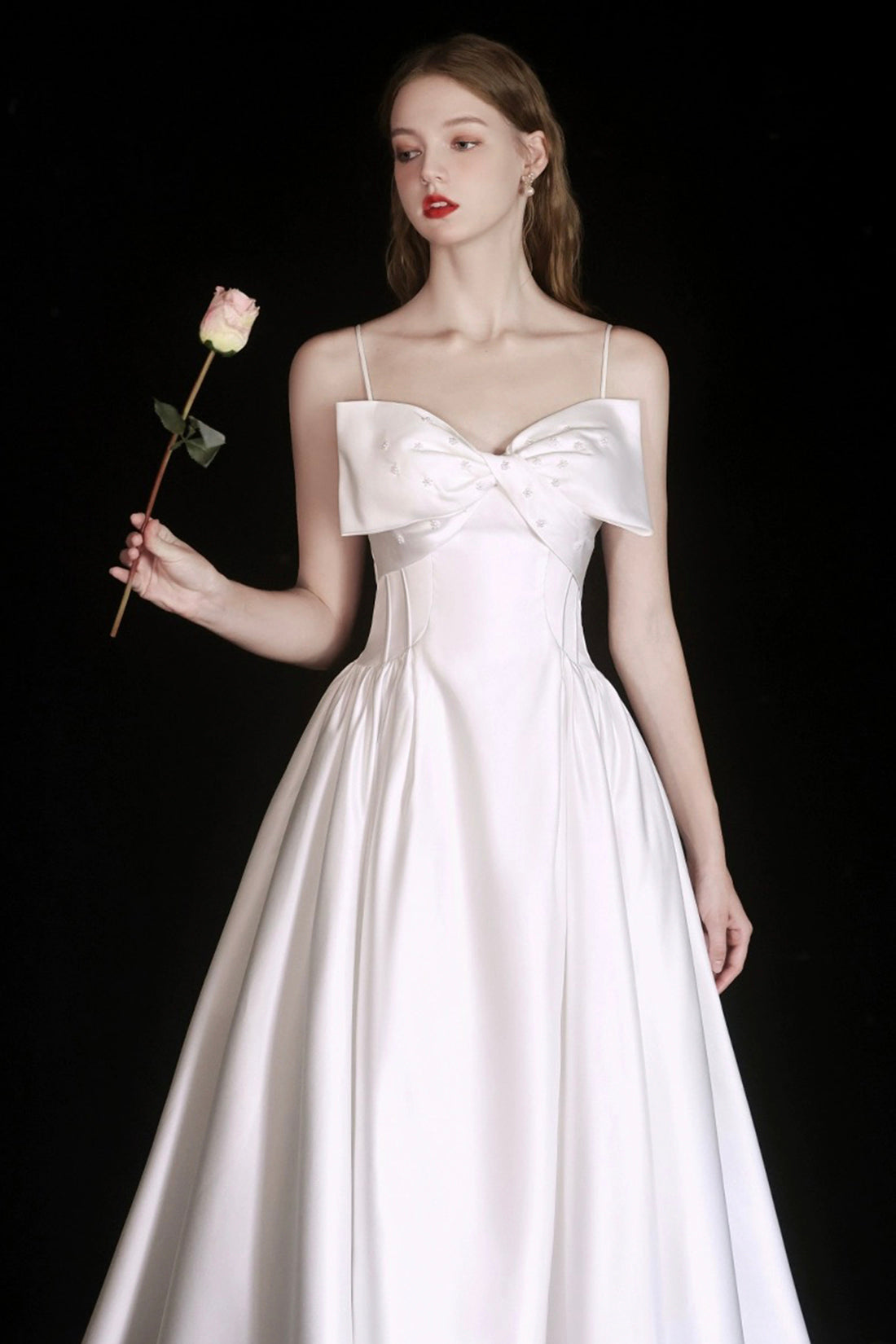 White Satin Tea Length Prom Dress, Lovely Spaghetti Strap A-Line Evening Party Dress