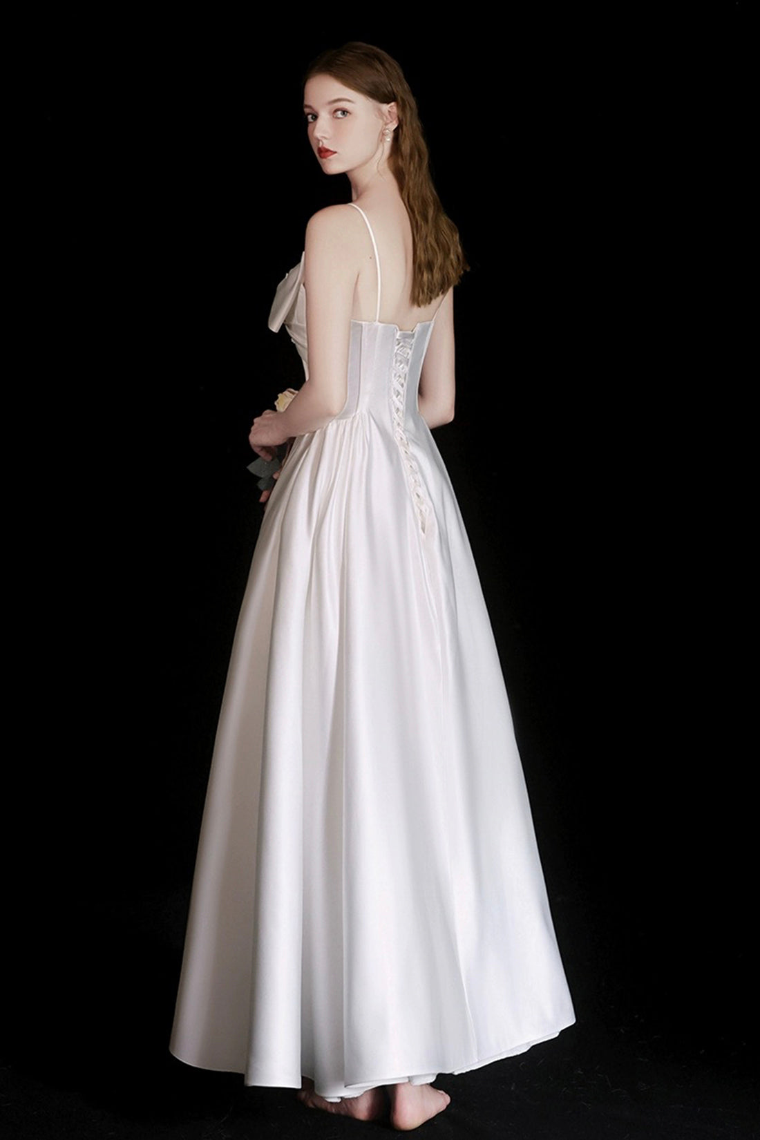 White Satin Tea Length Prom Dress, Lovely Spaghetti Strap A-Line Evening Party Dress