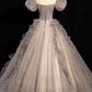 Khaki Tulle Beaded Long Prom Dress, A-Line Short Sleeve Evening Party Dress