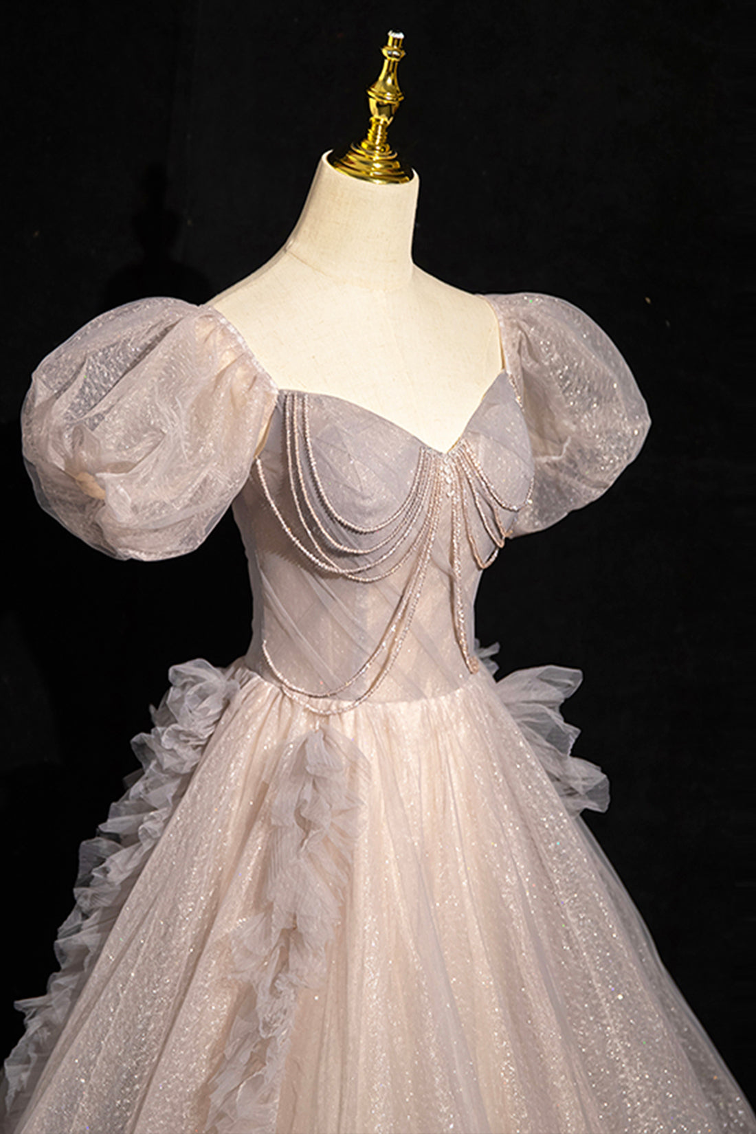 Khaki Tulle Beaded Long Prom Dress, A-Line Short Sleeve Evening Party Dress