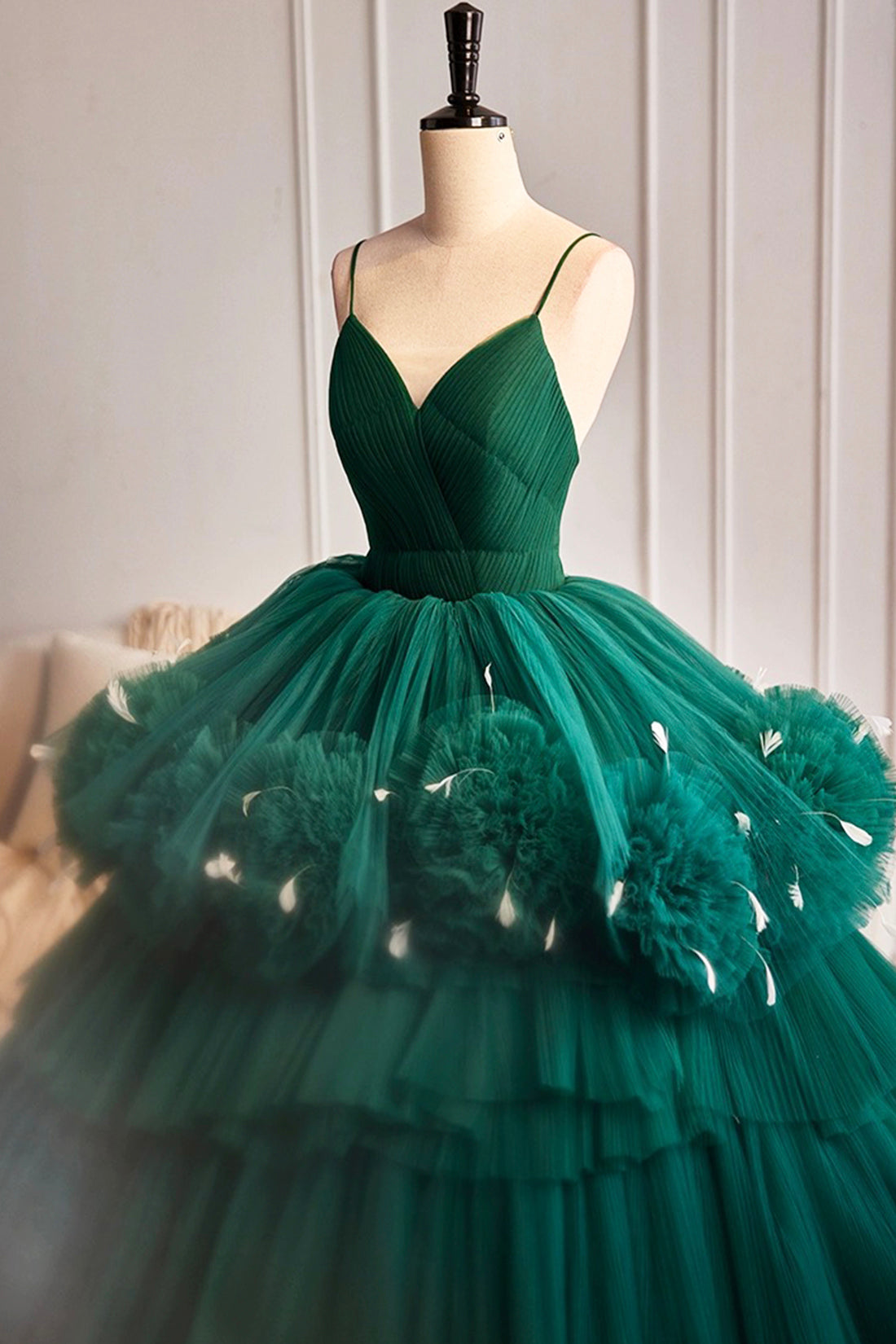 Green Spaghetti Strap V-Neck Ball Gown Dress, A-Line Backless Evening Formal Dress