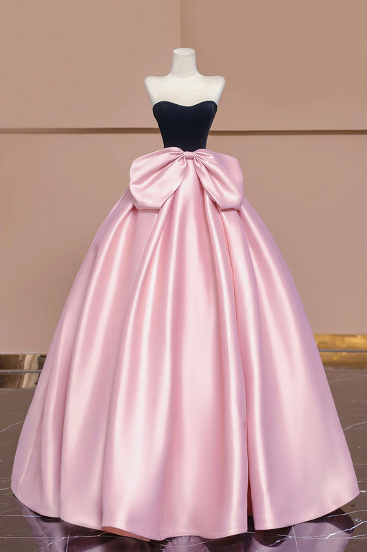 Black Velvet and Pink Satin Long Prom Dress, A-Line Strapless Evening Party Dress
