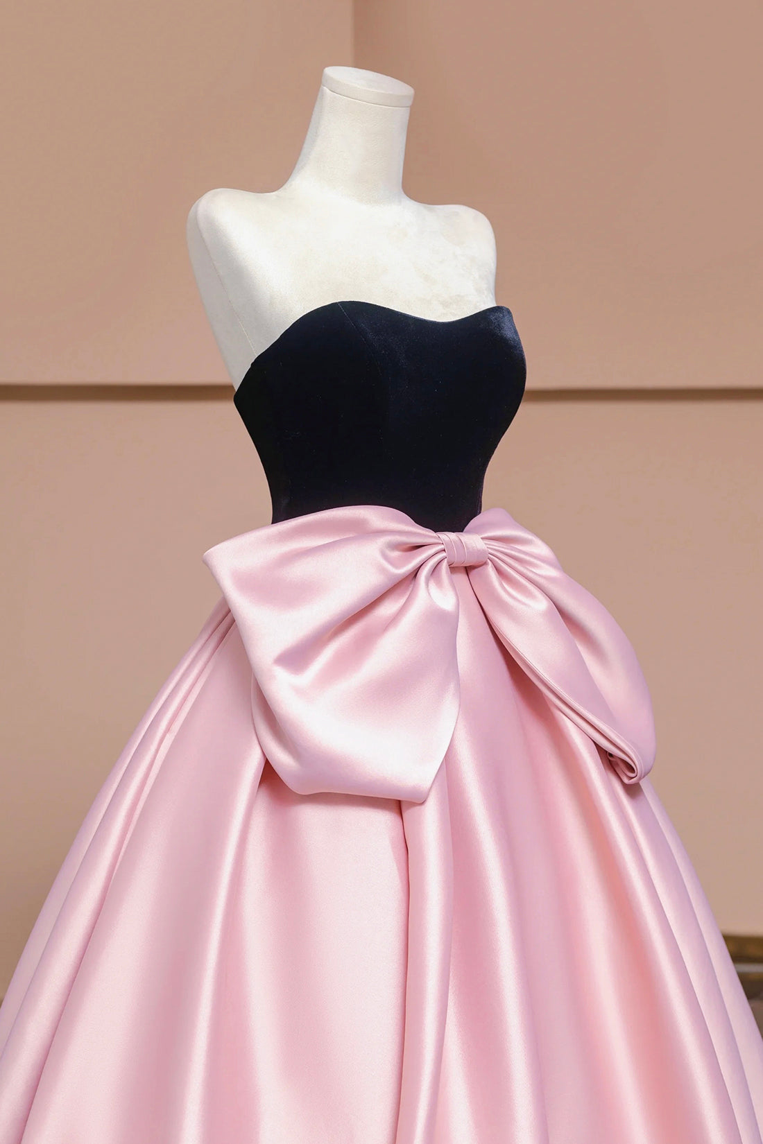 Black Velvet and Pink Satin Long Prom Dress, A-Line Strapless Evening Party Dress