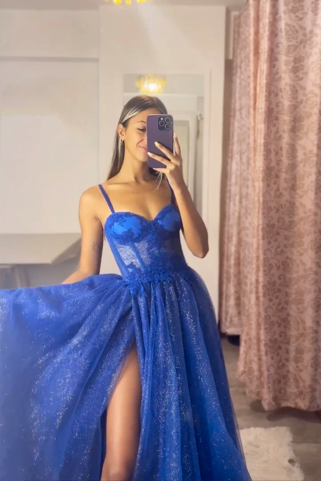 Blue Spaghetti Strap Tulle Lace Long Prom Dress, Beautiful A-Line Evening Party Dress