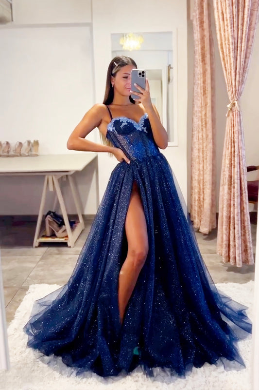 Blue Shiny Tulle Lace Long Prom Dress, Beautiful Spaghetti Strap A-Line Evening Party Dress
