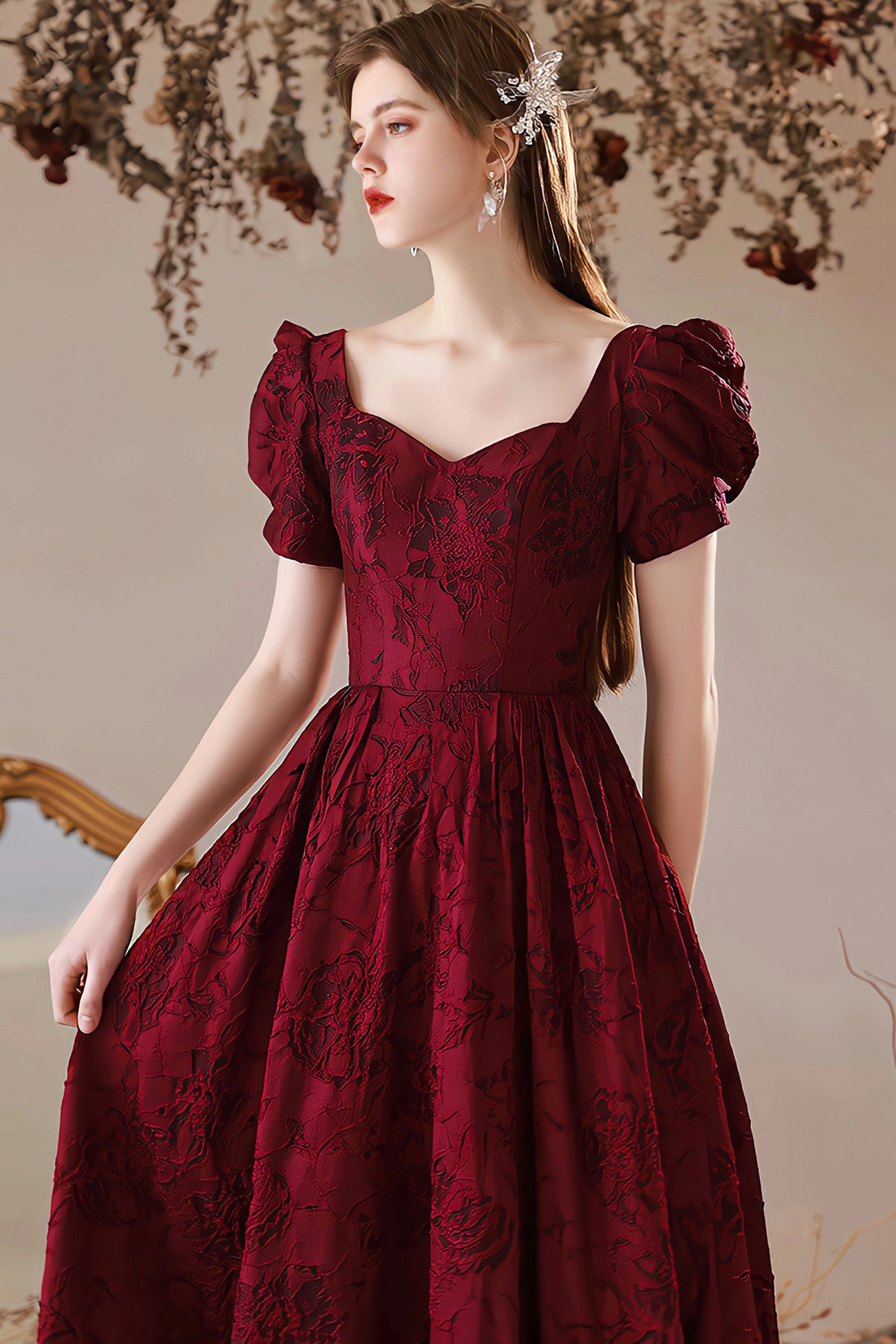 Elegant Satin Floor Length Prom Dress, Burgundy A-Line Short Sleeve Evening Party Dress