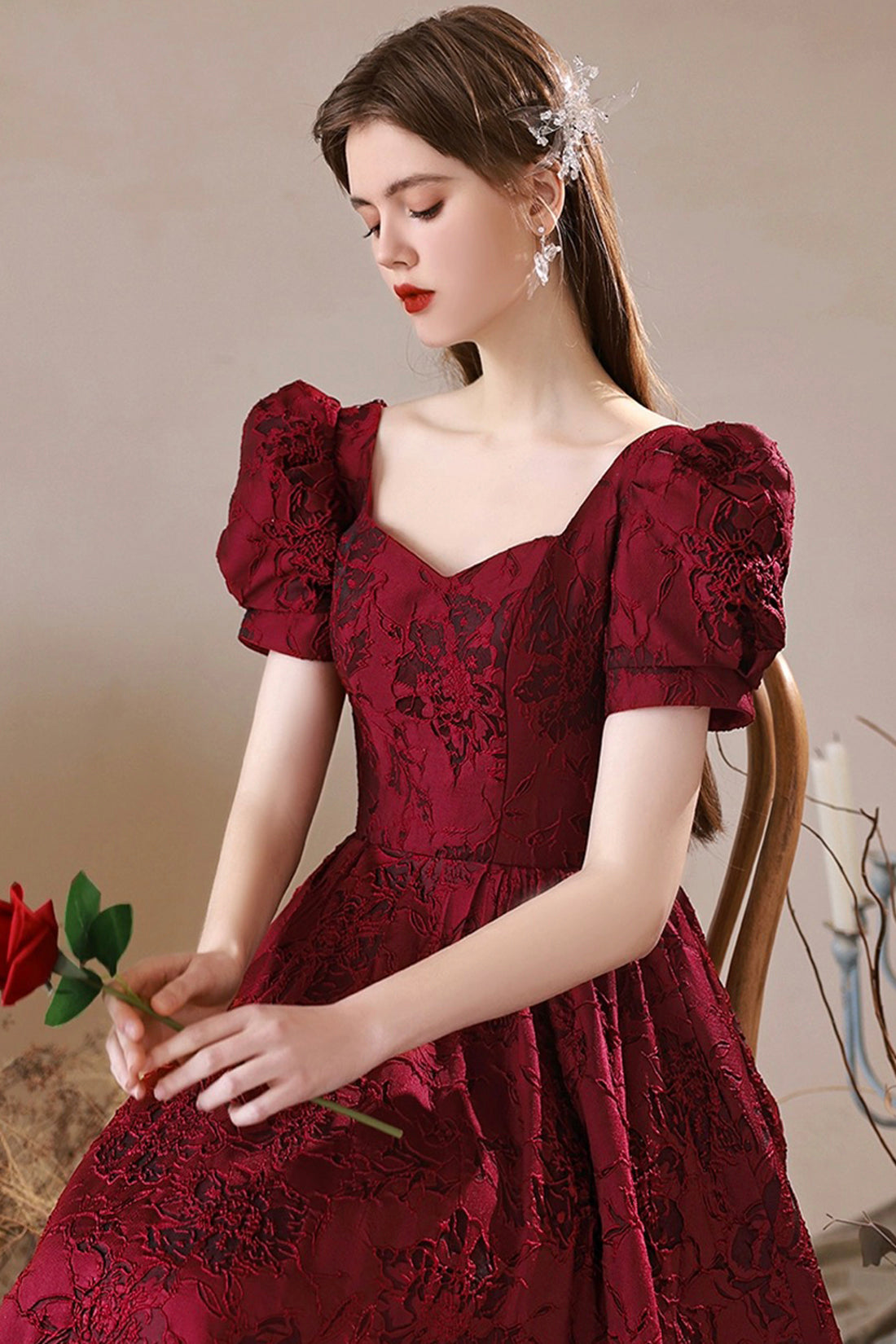 Elegant Satin Floor Length Prom Dress, Burgundy A-Line Short Sleeve Evening Party Dress