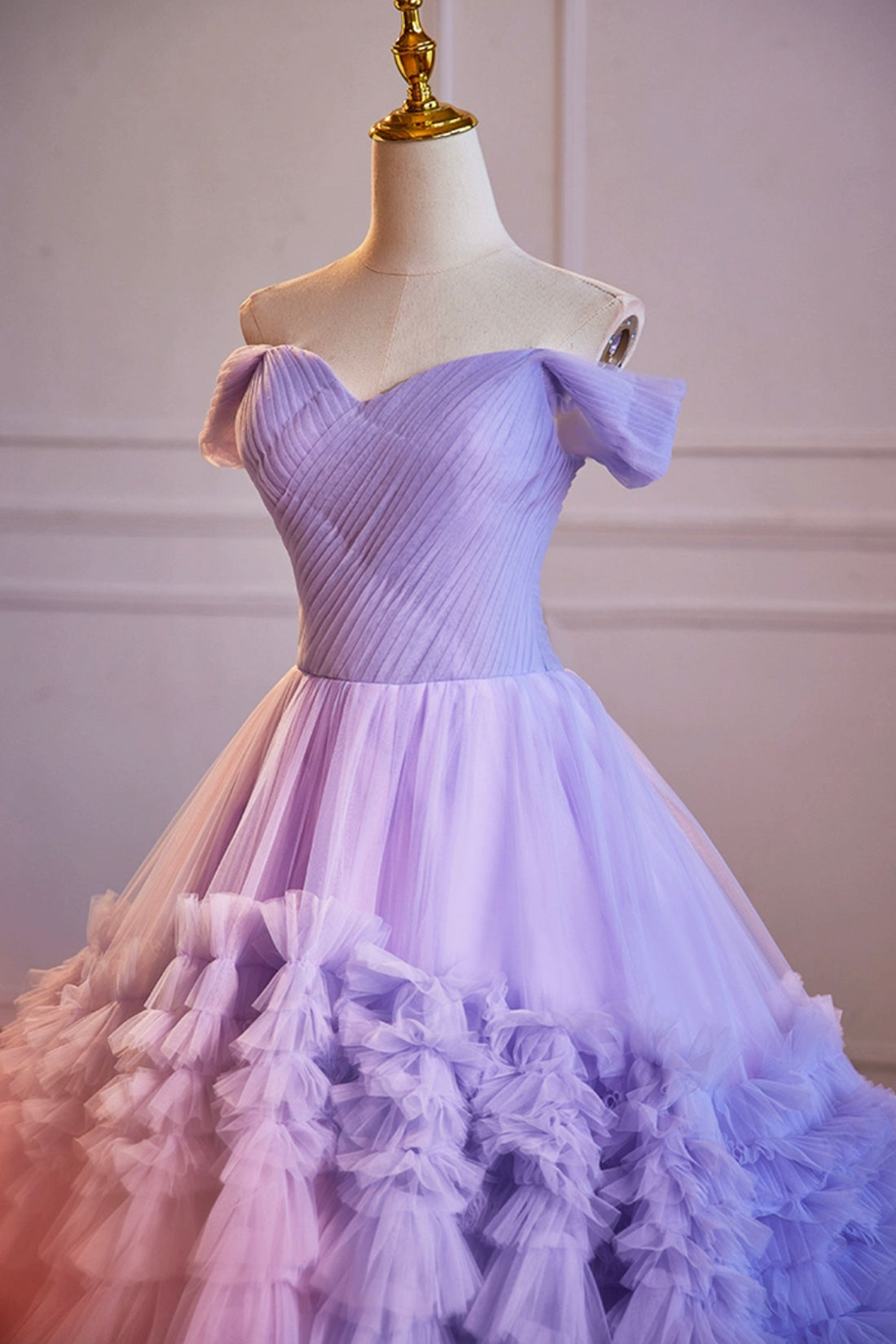 Purple Off the Shoulder Tiered Ruffles Long Ball Grown, A-Line Purple Prom Formal Party Dresses