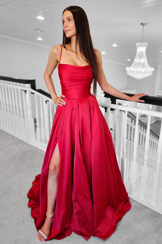 Red Spaghetti Strap Satin Long Prom Dress, Simple A-Line Evening Dress