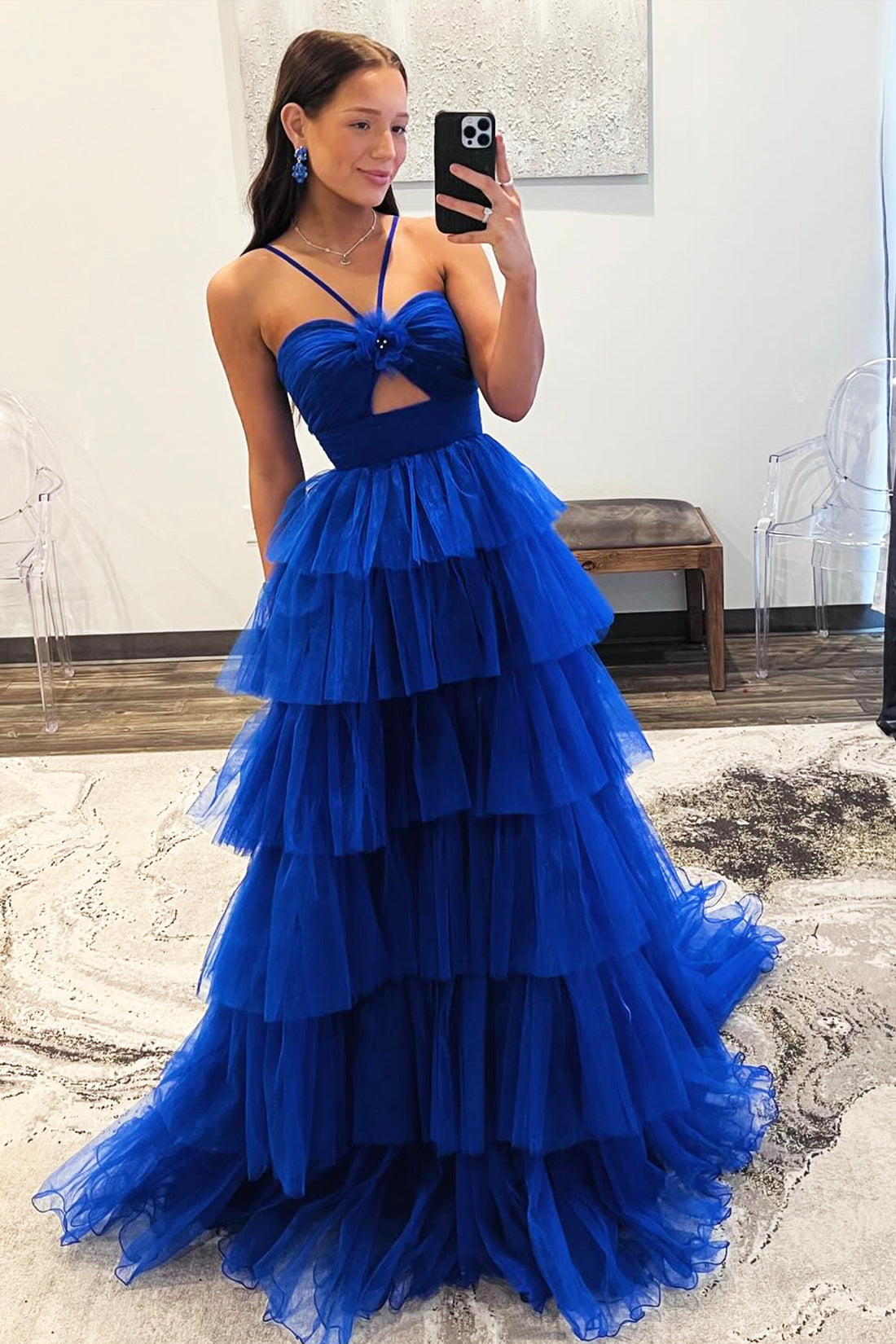 Blue Tulle Halter Tiered Party Dress, Beautiful A-Line Backless Formal Evening Dress