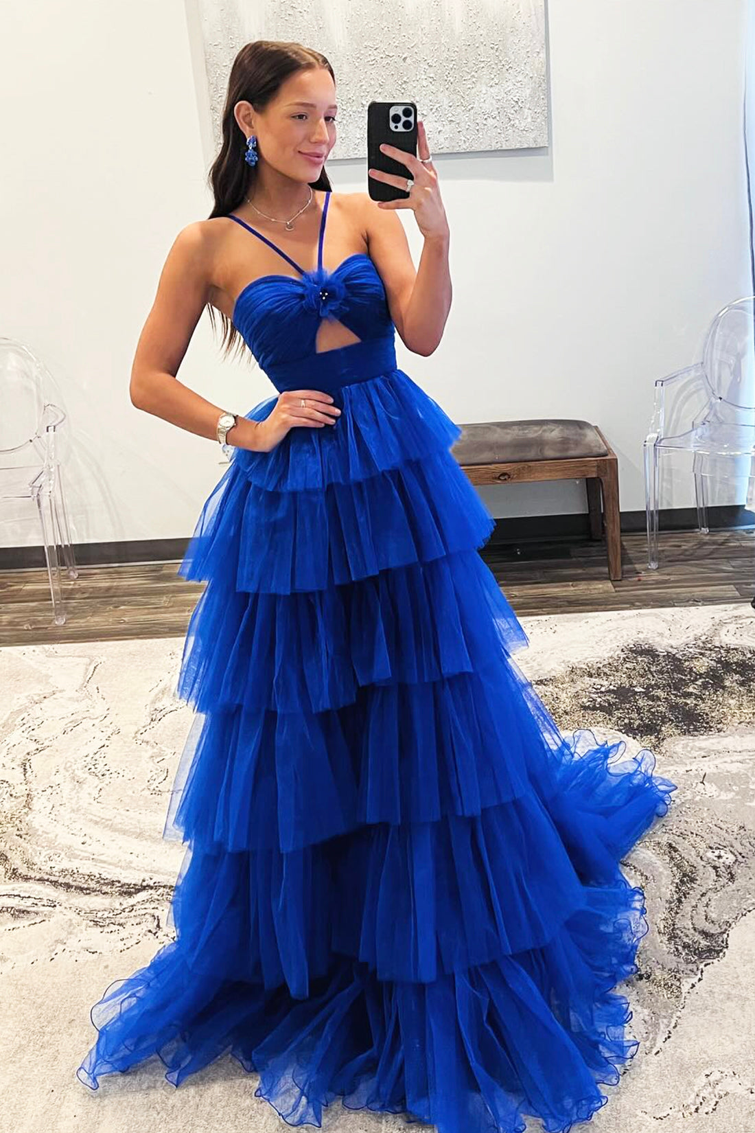 Blue Tulle Halter Tiered Party Dress, Beautiful A-Line Backless Formal Evening Dress