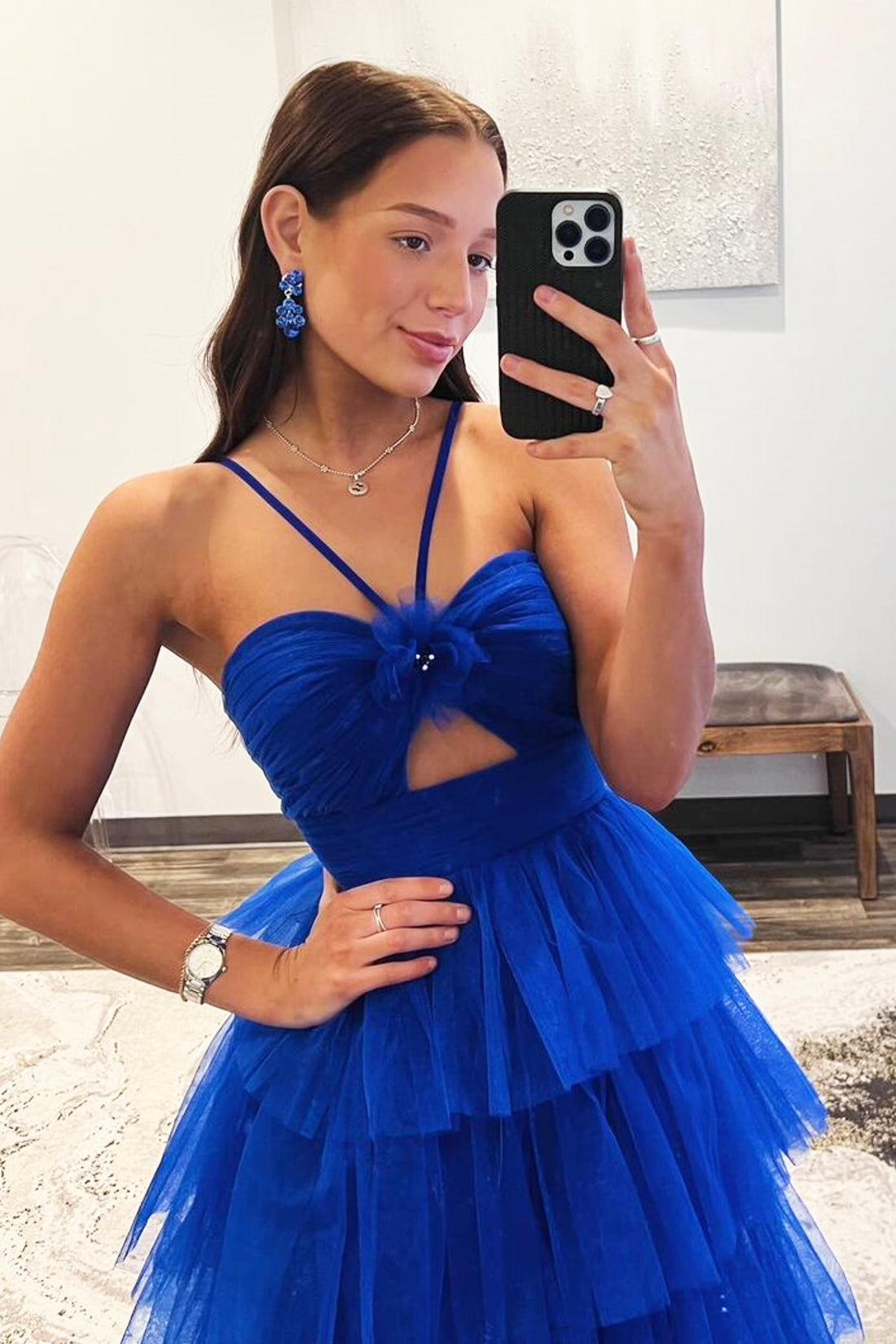 Blue Tulle Halter Tiered Party Dress, Beautiful A-Line Backless Formal Evening Dress