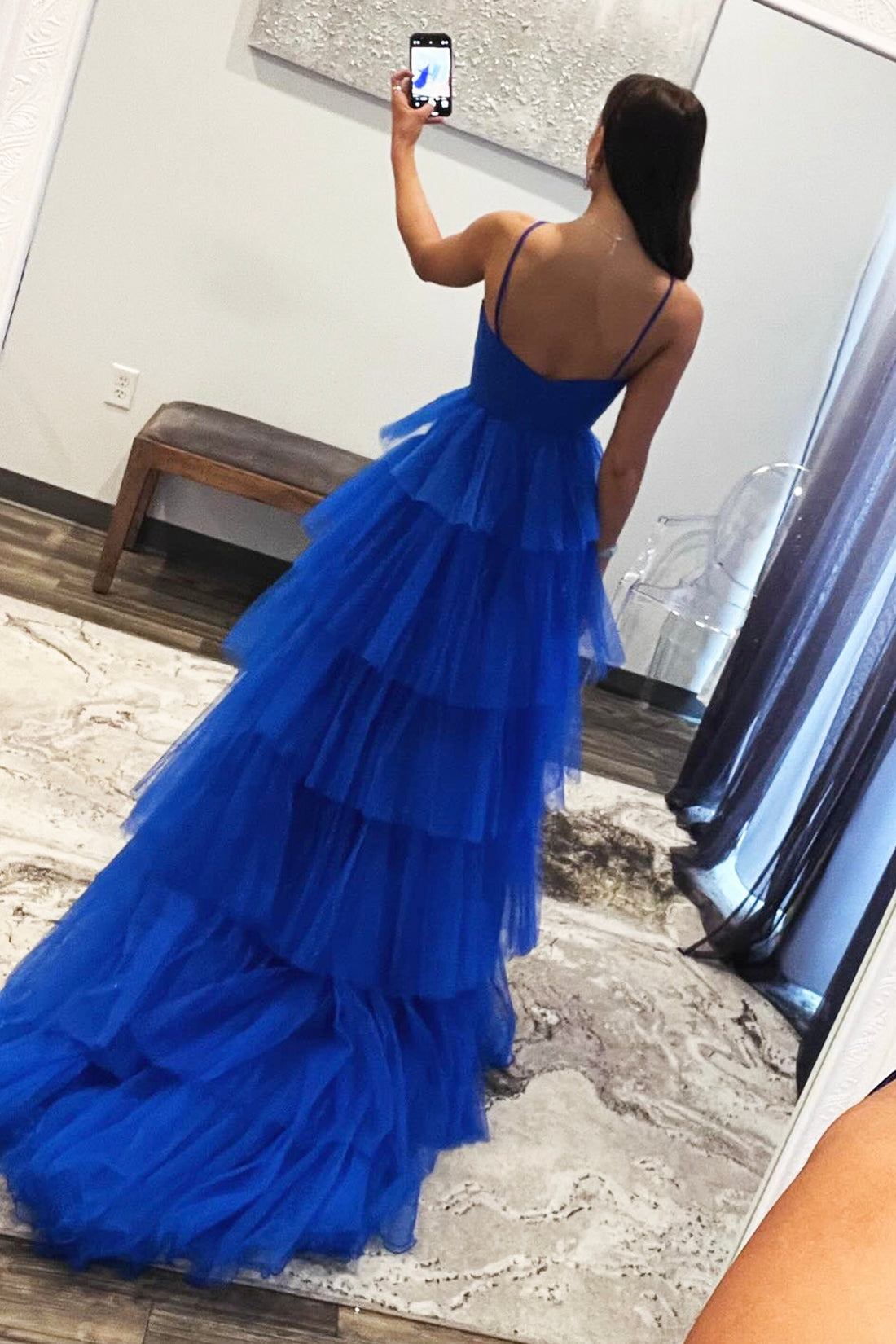 Blue Tulle Halter Tiered Party Dress, Beautiful A-Line Backless Formal Evening Dress