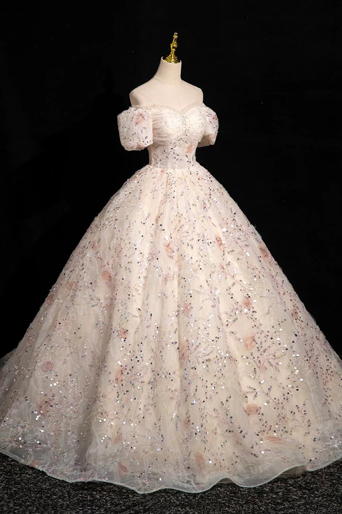 Champagne Tulle Sequins Long Prom Dress, Elegant A-Line Evening Dress