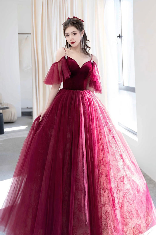 Burgundy A-Line Spaghetti Strap Velvet and Tulle Long Prom Dress,  V-Neck Formal Evening Dress