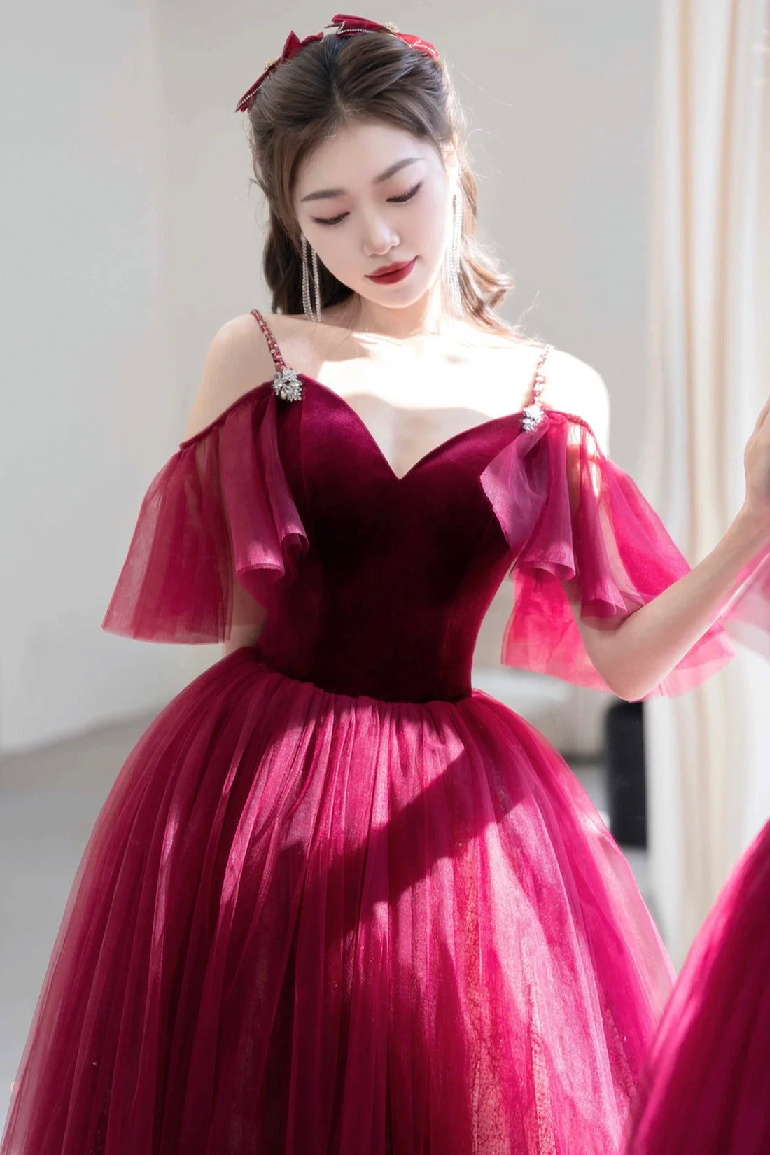 Burgundy A-Line Spaghetti Strap Velvet and Tulle Long Prom Dress, V-Neck Formal Evening Dress