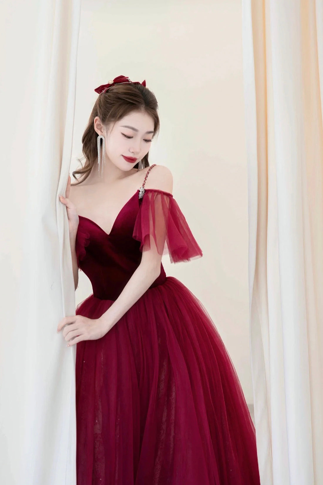 Burgundy A-Line Spaghetti Strap Velvet and Tulle Long Prom Dress, V-Neck Formal Evening Dress