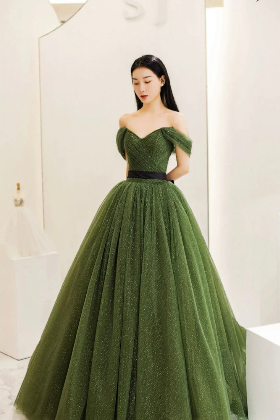Green Tulle Floor Length Prom Dress, Beautiful Off the Shoulder Evening Party Dress