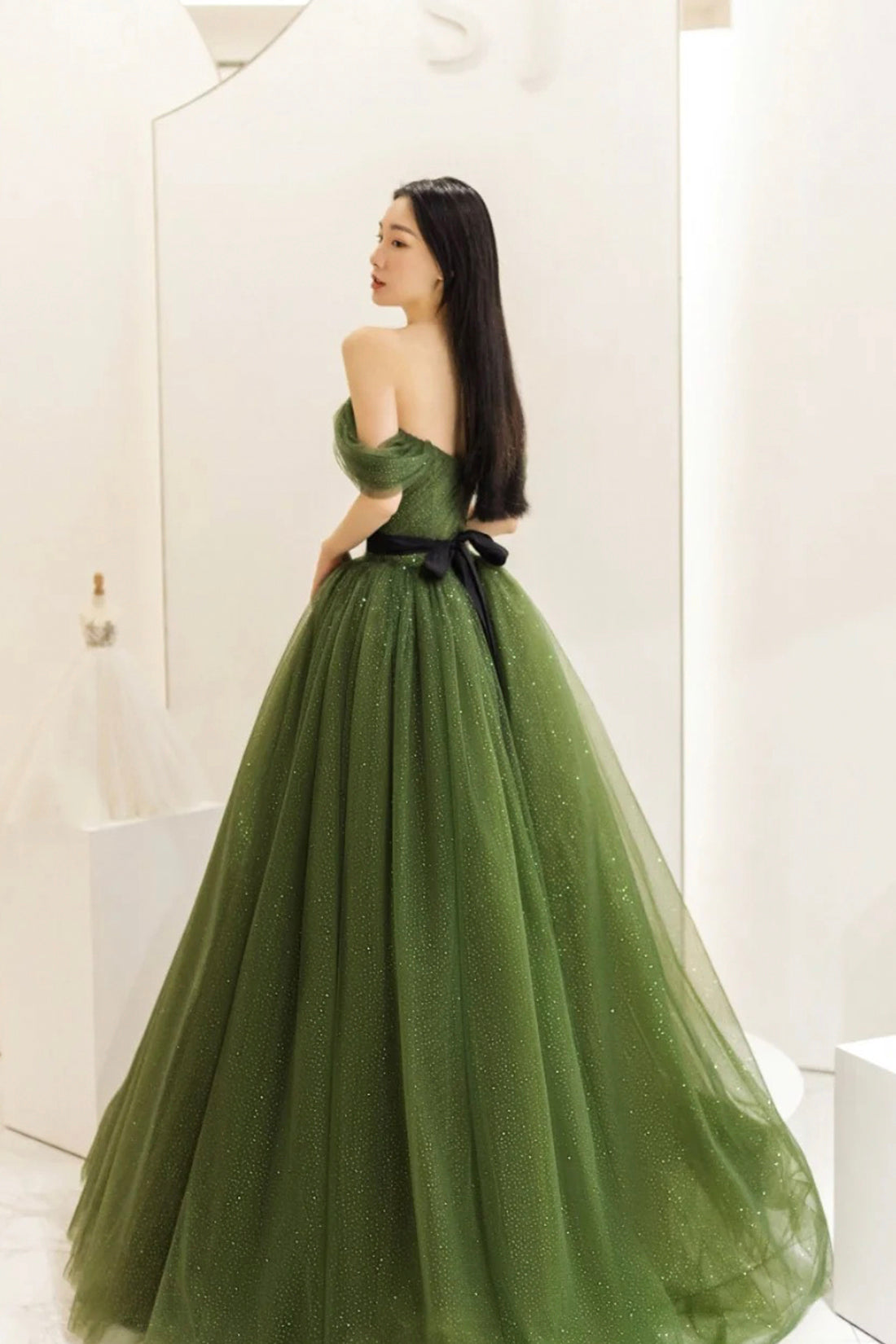 Green Tulle Floor Length Prom Dress, Beautiful Off the Shoulder Evening Party Dress