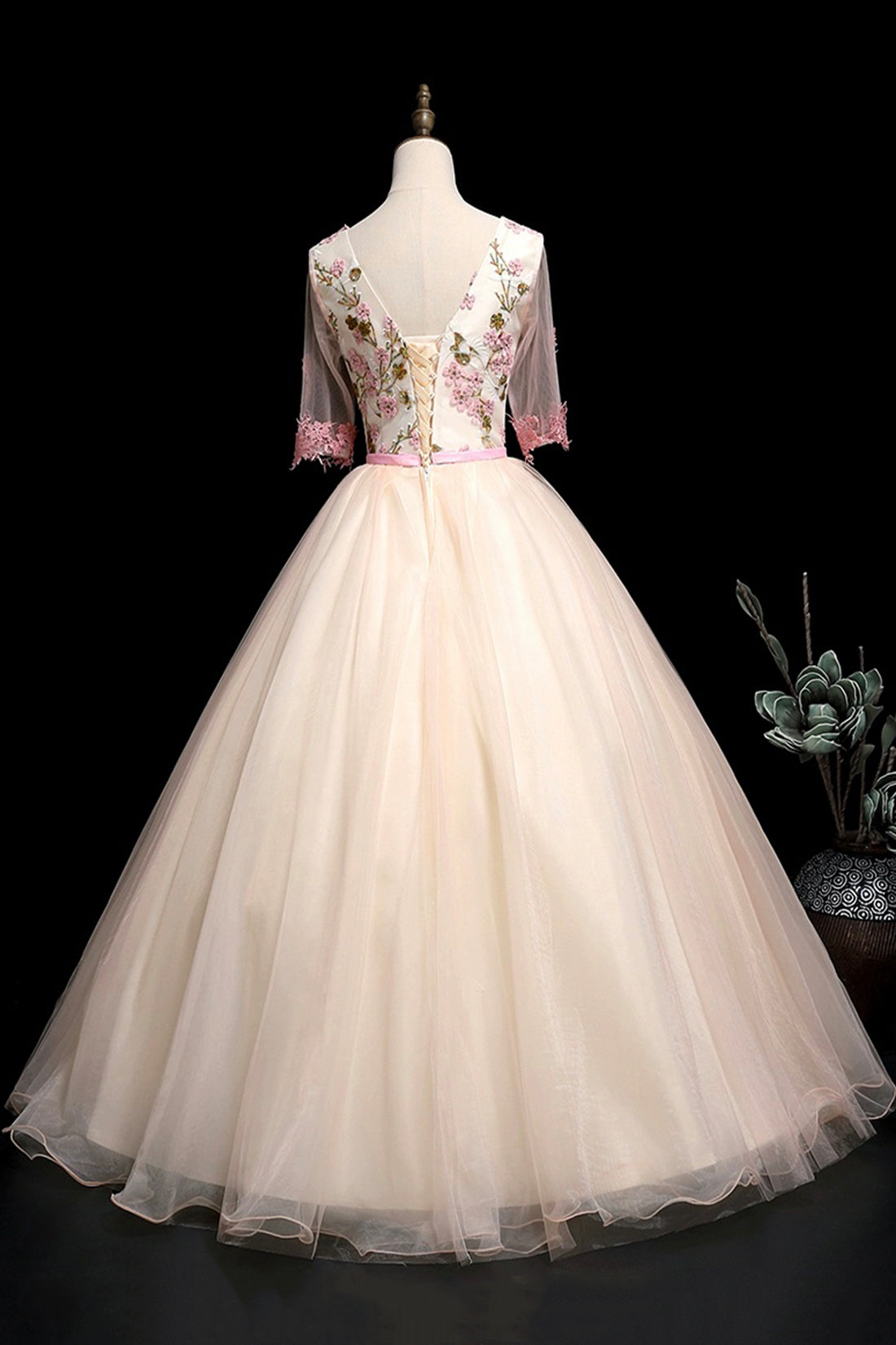 Champagne V-Neck Tulle Lace Long A-Line Formal Evening Dress