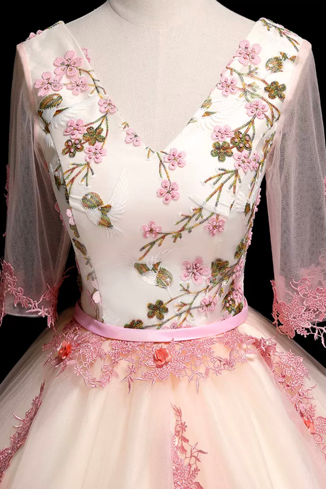 Champagne V-Neck Tulle Lace Long A-Line Formal Evening Dress