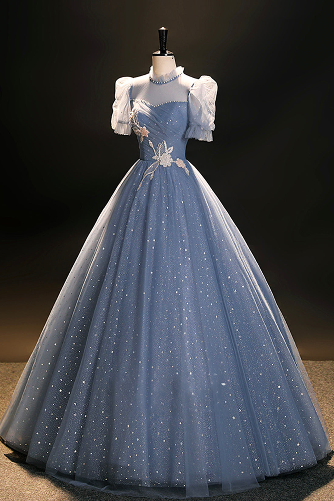 Elegant Blue Tulle Floor Length Prom Dress, A-Line Short Sleeve Formal Dress